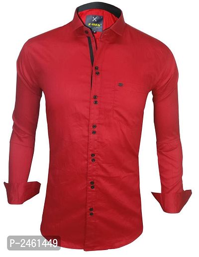 Red Cotton Double Button Casual Slim Fit Shirt