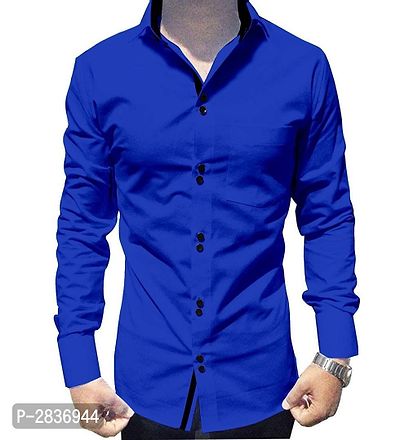 Navy Blue Solid Cotton Slim Fit Casual Shirt for Men's-thumb0