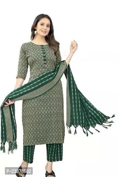 A-Line Green Printed Cotton Kurta Bottom Dupatta For Women-thumb0