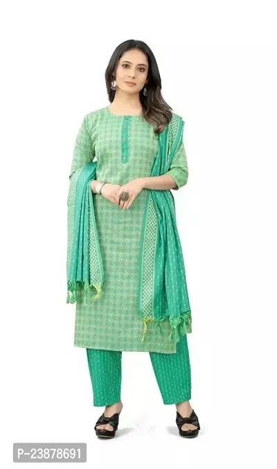 A-Line Green Printed Cotton Kurta Bottom Dupatta For Women