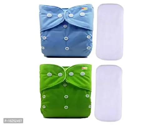 Alya Baby Reusable Cloth Diapers All in One Adjustable Pocket Style Nappies Washable With White Microfiber(4 layers) Wet-Free Insert Pads (0-24 Months,3-16KG) (PACK OF 2, GREEN,BLUE)