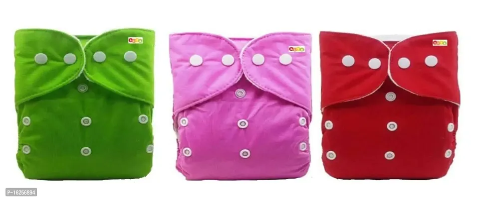 Alya Pocket Button Style Solid Reusable Cloth Diaper All in One Adjustable Washable Diapers Nappies(Without Inserts) for Toddlers/New Borns(0-24 Months,3-16KG) (Pack of 3, Green,Pink,RED)