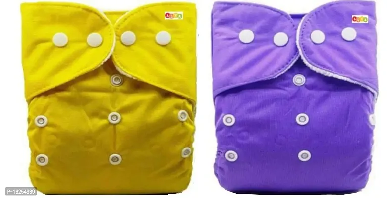 Alya Pocket Button Style Solid Reusable Cloth Diaper All in One Adjustable Washable Diapers Nappies(Without Inserts) for Toddlers/New Borns(0-24 Months,3-16KG) (Pack of 2, Yellow,Puple)-thumb0