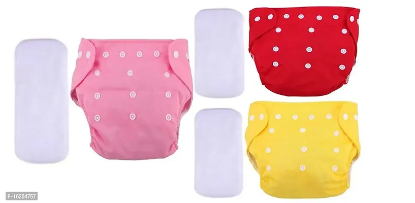 Tinny Tots Baby Reusable Cloth Diapers All in One Adjustable Washable With White Microfiber(4 layers) Wet-Free Insert Pads (0-24 Months 3-16KG) (PACK OF 3, YELLOW,PINK,RED)