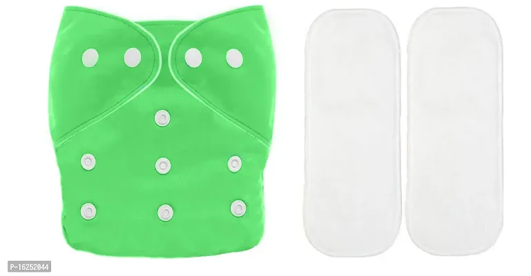 Tinny Tots Pack of 1 Baby Reusable Cloth Diapers Washable Adjustable With 2 Baby Bamboo White Microfiber Insert Pads Soaker Boosters(5 Layers) Wet-Free Combo For Toddlers/New Borns(GREEN)