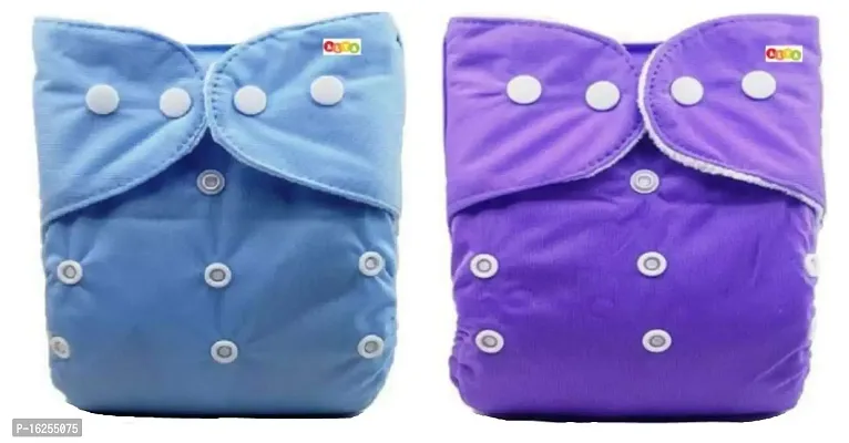 Alya Pocket Button Style Solid Reusable Cloth Diaper All in One Adjustable Washable Diapers Nappies(Without Inserts) for Toddlers/New Borns(0-24 Months,3-16KG) (Pack of 2, Blue,Purple)-thumb0