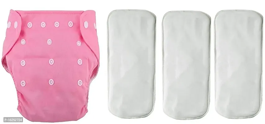 Alya Baby Button Pocket Style Reusable Cloth Diapers Adjustable Washable With 3 White Microfiber Bamboo(6layers) Wet-Free Insert Pads For Toddlers/New Borns(0-14 Months) (PINK)