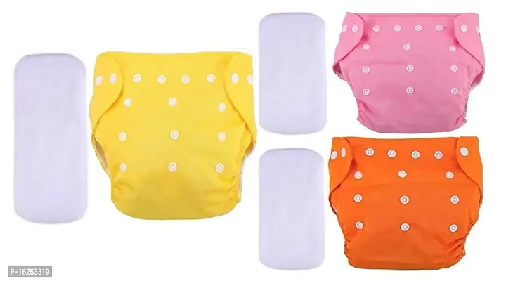 Tinny Tots Baby Reusable Cloth Diapers All in One Adjustable Washable With White Microfiber(4 layers) Wet-Free Insert Pads (0-24 Months 3-16KG) (PACK OF 3, ORANGE,PINK,PURPLE)