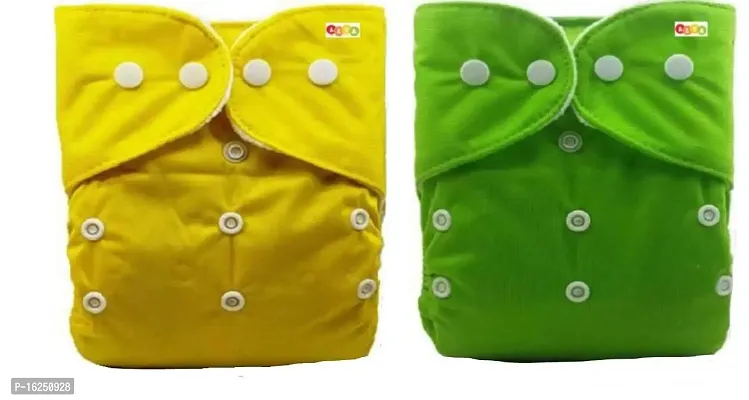 Alya Pocket Button Style Solid Reusable Cloth Diaper All in One Adjustable Washable Diapers Nappies(Without Inserts) for Toddlers/New Borns(0-24 Months,3-16KG) (Pack of 2, Yellow,Green)-thumb0