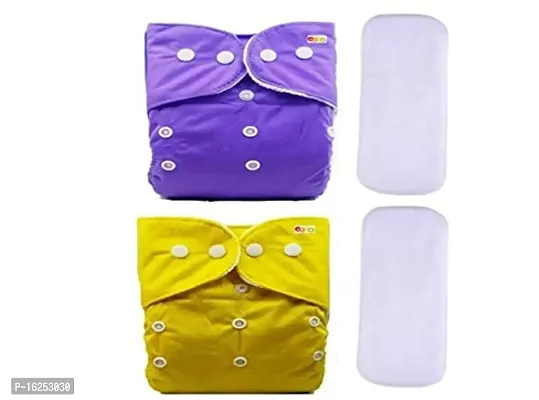 Alya Baby Reusable Cloth Diapers All in One Adjustable Pocket Style Nappies Washable With White Microfiber(4 layers) Wet-Free Insert Pads (0-24 Months,3-16KG) (PACK OF 2, YELLOW,PURPLE)-thumb0