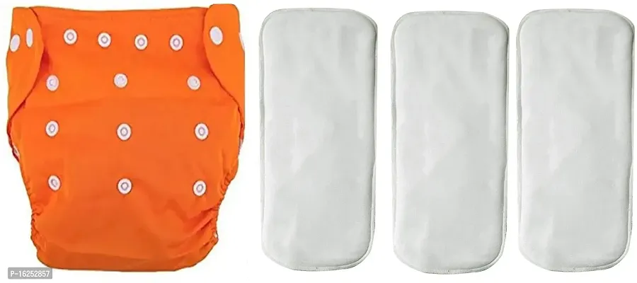 Alya Baby Button Pocket Style Reusable Cloth Diapers Adjustable Washable With 3 White Microfiber Bamboo(6layers) Wet-Free Insert Pads For Toddlers/New Borns(0-14 Months) (ORANGE)