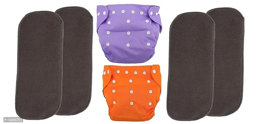 Alya Baby Button Pocket Style Reusable Cloth Diapers Adjustable Washable With 3 Black Microfiber Bamboo Charcoal(6layers) Wet-Free Insert Pads For Toddlers/New Borns(0-14 Months) (ORANGE,PURPLE)