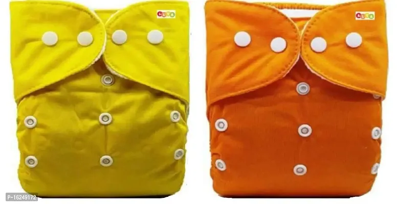 Alya Pocket Button Style Solid Reusable Cloth Diaper All in One Adjustable Washable Diapers Nappies(Without Inserts) for Toddlers/New Borns(0-24 Months,3-16KG) (Pack of 2, Yellow,Orange)-thumb0