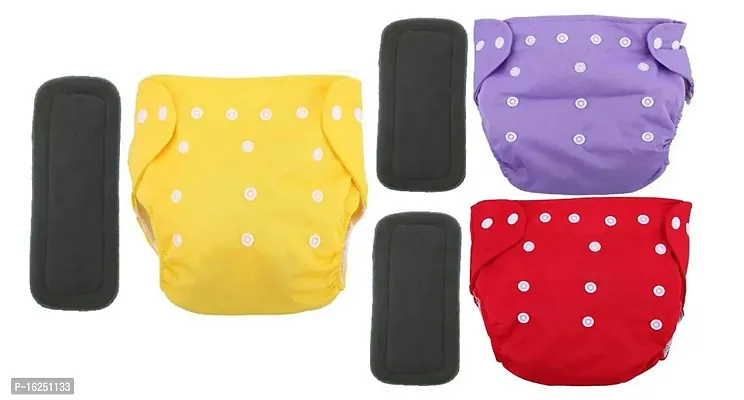 Tinny Tots Baby Reusable Cloth Diaper Adjustable Nappies Washable With Bamboo Charcoal Inserts(4 Layers) For New Borns/Infants Age 0-24 Months(3-16KGS) (PACK OF 3, PURPLE,YELLOW,RED)