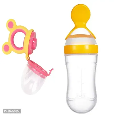 Tinny Tots Baby Infant Squeeze Silicone Spoon Bottle Feeder for Feeding Solid and Semi Solid Food Ceralac BPA Free with Baby Fresh Fruit Vegetable Nibbler Soother Teether (Design 2)