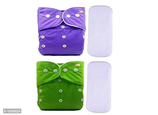 Alya Baby Reusable Cloth Diapers All in One Adjustable Pocket Style Nappies Washable With White Microfiber(4 layers) Wet-Free Insert Pads (0-24 Months,3-16KG) (PACK OF 2, GREEN,PURPLE)