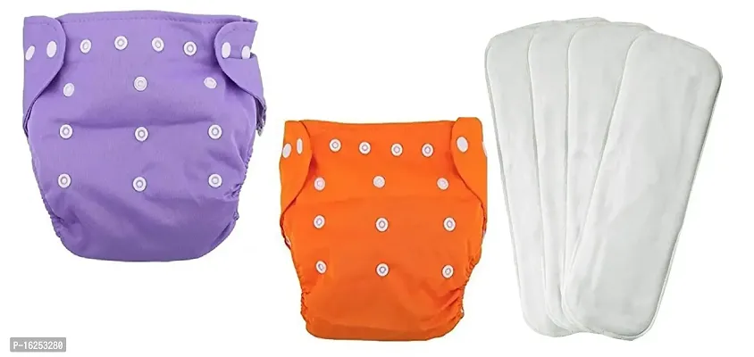 Alya 2 Baby Button Pocket Style Reusable Cloth Diapers Adjustable Washable With 4 White Microfiber Bamboo(6layers) Wet-Free Insert Pads For Toddlers/New Borns(0-14 Months) (PURPLE,ORANGE, PACK OF 6)