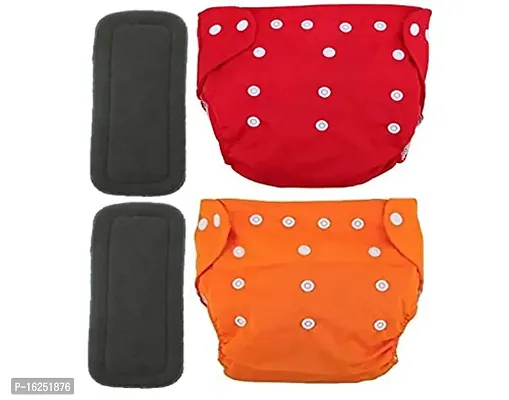 Tinny Tots Baby Reusable Cloth Diaper Adjustable Nappies Washable With Bamboo Charcoal Inserts(4 Layers) For New Borns/Infants Age 0-24 Months(3-16KGS) (PACK OF 2, ORANGE,RED)