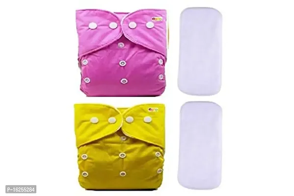 Alya Baby Reusable Cloth Diapers All in One Adjustable Pocket Style Nappies Washable With White Microfiber(4 layers) Wet-Free Insert Pads (0-24 Months,3-16KG) (PACK OF 2, YELLOW,PINK)