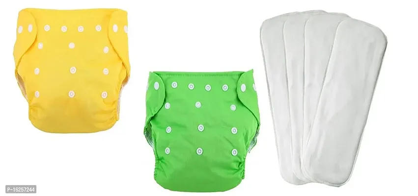 Alya 2 Baby Button Pocket Style Reusable Cloth Diapers Adjustable Washable With 4 White Microfiber Bamboo(6layers) Wet-Free Insert Pads For Toddlers/New Borns(0-14 Months) (YELLOW,GREEN, PACK OF 6)