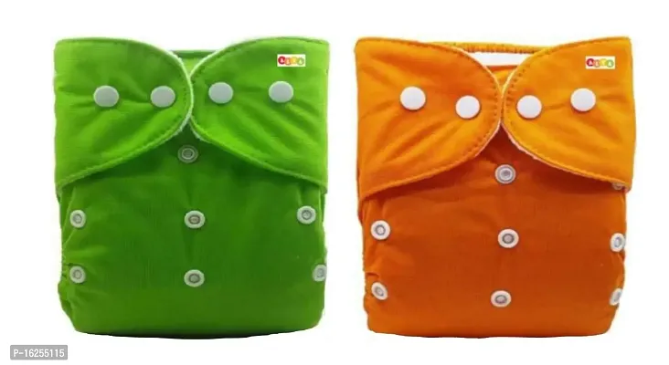 Alya Pocket Button Style Solid Reusable Cloth Diaper All in One Adjustable Washable Diapers Nappies(Without Inserts) for Toddlers/New Borns(0-24 Months,3-16KG) (Pack of 2, Green,Orange)