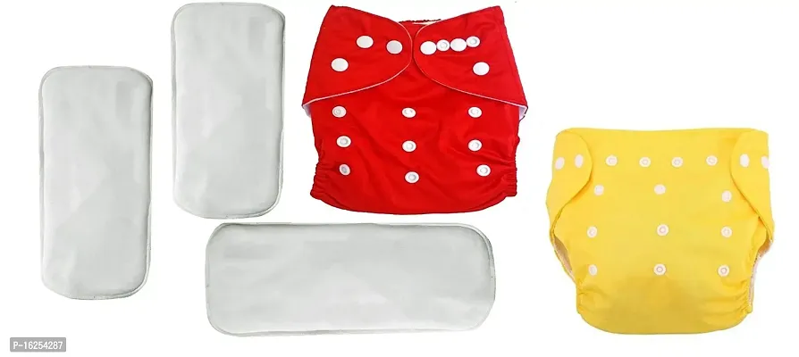 Alya 2 Baby Button Pocket Style Reusable Cloth Diapers Adjustable Washable With 4 White Microfiber Bamboo(6layers) Wet-Free Insert Pads For Toddlers/New Borns(0-14 Months) (YELLOW,RED)