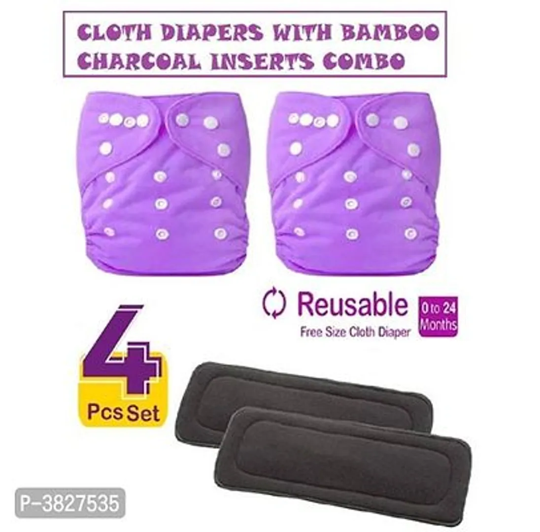 Little Toddlers Pack of 2 Baby Washable Reusable Adjustable Cloth Free Size Diapers Nappy With 2 Bamboo Charcoal Insert Liner Pads (5 Layers) For Babies/Infants I Age 0-24 Months [3-16 KG] (PURPLE)