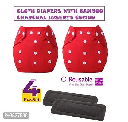 Little Toddlers Pack of 2 Baby Washable Reusable Adjustable Cloth Free Size Diapers Nappy With 2 Bamboo Charcoal Insert Liner Pads (5 Layers) For Babies/Infants I Age 0-24 Months [3-16 KG] (RED)