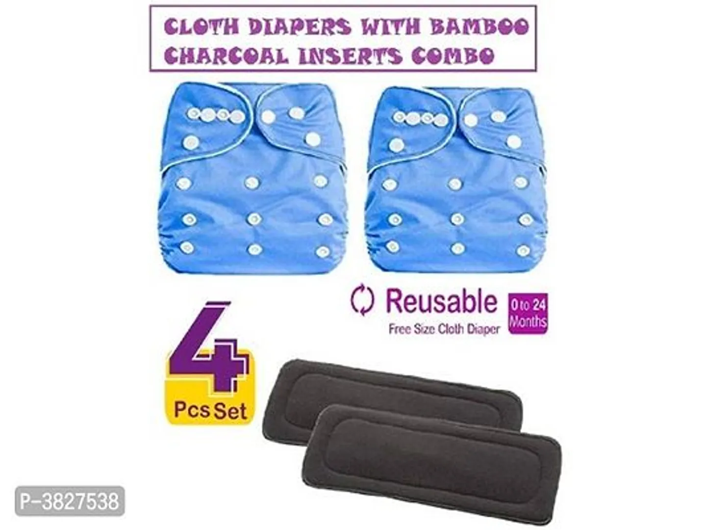 Little Toddlers Pack of 2 Baby Washable Reusable Adjustable Cloth Free Size Diapers Nappy With 2 Bamboo Charcoal Insert Liner Pads (5 Layers) For Babies/Infants I Age 0-24 Months [3-16 KG] (BLUE)