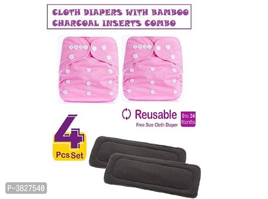 Little Toddlers Pack of 2 Baby Washable Reusable Adjustable Cloth Free Size Diapers Nappy With 2 Bamboo Charcoal Insert Liner Pads (5 Layers) For Babies/Infants I Age 0-24 Months [3-16 KG] (PINK)-thumb0