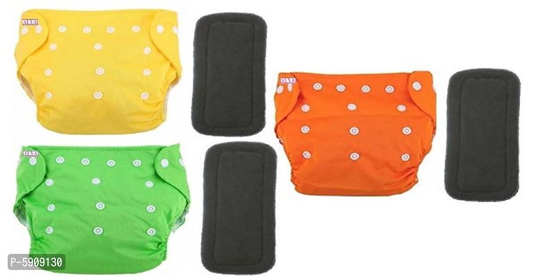Pack of 3 Pocket Button Style Baby Reusable Cloth Diaper Nappy All Season Special Quick-Dry All-In-One Adjustable With 3 Bamboo Charcoal Inserts Pad(5 Layers) Wet-Free For New Borns/Toddler (Y,G,O)