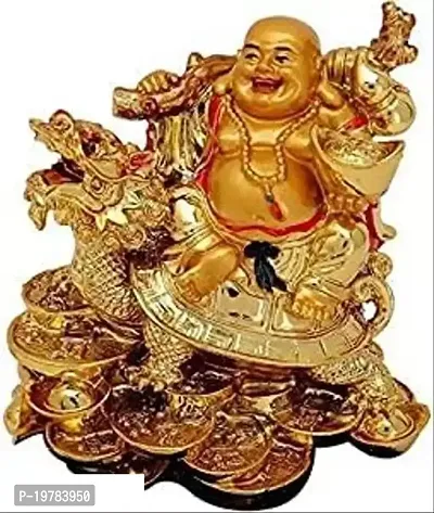 Polyresin Vastu Feng Shui Gift Resin Laughing Buddha On Dragon with Coins for Remove Bad Luck Good Luck, Wealth, Prosperity at Home, Office Decorative Showpiece 7 cm
