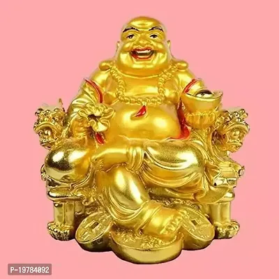 Fengshui Laughing Buddha Sitting On Chair Ingot with Money Coin Statue (Gold)
