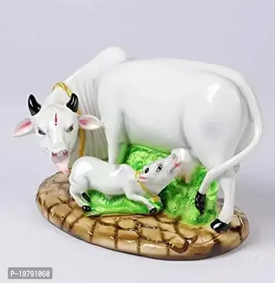 Poly Resin Decorative White Cow with Calf Showpiece Cow showpieces for Home Decor Cow Calf Idol for Home kamdhenu Cow Idol-thumb0