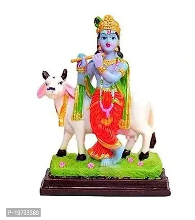 Hindu God and Goddess Polyester Resin Standing Krishna Murti Playing Flute and Cow Gau MATA Idol/Statue/Figurine for Gifting and Home Decor, 12cm, Multicolour