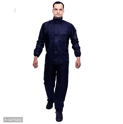 VORDVIGO Mens Rainwear Mens Raincoat Set Coat with Pant Waterproof with Adjustable Hood Rain Suit-Black  Blue