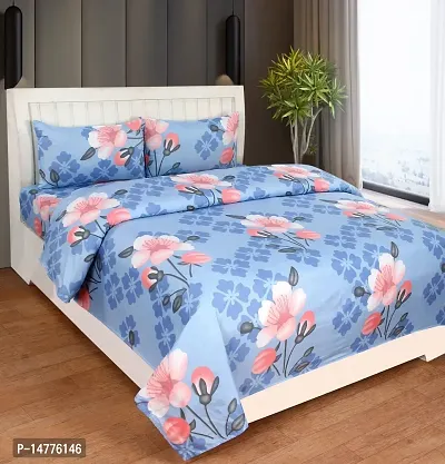 220 TC Cotton Double Bed Printed Bedsheet with Two Pillow Covers_Size-90*90 inch (Blue Flower Design)