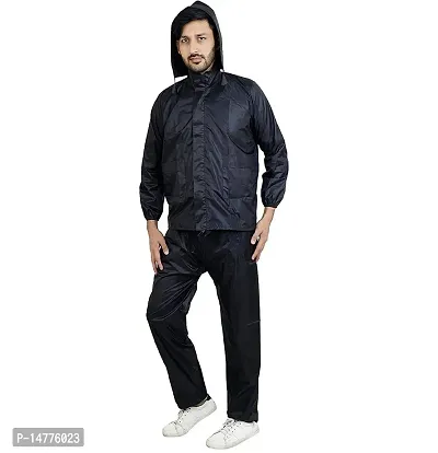 VORDVIGO 100% Waterproof Semi-Nylon Zipper Raincoat With Jacket, Hood and Pant With Pockets for Men and Women (Black  Blue)