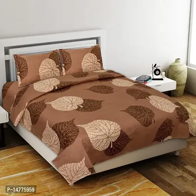 230 TC Cotton Double Bed Printed Bedsheet with Two Pillow Covers_Size-90*90 inch (Brown Leaf Design)