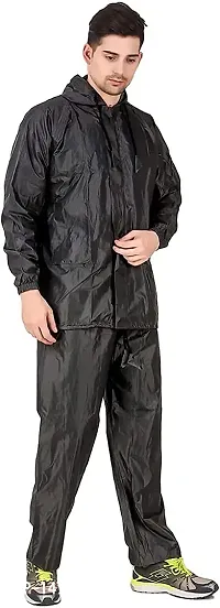 VORDVIGO Men/Women Stylish Raincoat/Rainwear/Rainsuit/barsaati/Overcoat with Hoods and Side Pocket 100% Waterproof rain Suit for Men/Women_Size- XXL (Black)