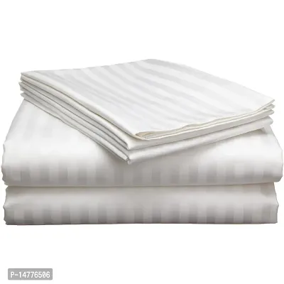 300 TC Satin Double Bedsheet, Satin Stripes/Lining Stripes Double Bedsheet with Two Pillow Covers (White)-thumb0