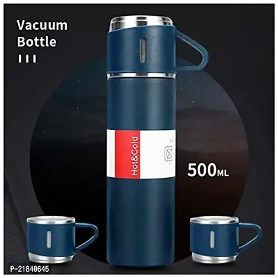 Double Wall Stainless Steel Thermo 500ml Vacuum Insulated Bottle Water Flask Gift Set with Two Cups Hot  Cold | Assorted Color | Diwali Gifts for Employees | Corporate Gift Items (MULTICOLORED