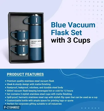 Double Wall Stainless Steel Thermo 500ml Vacuum Insulated Bottle Water Flask Gift Set with Two Cups Hot  Cold | Assorted Color | Diwali Gifts for Employees | Corporate Gift Items (MULTICOLORED