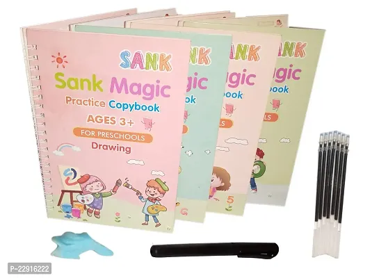 Magic Practice Copybook, (4 BOOK + 10 REFILL+ 1 pen +1 grip) Number Tracing, sank magic practice copy book for kids for Preschoolers with Pen, magic reusable Writing Tool Simple Hand Lettering