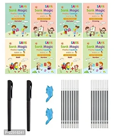 Magic Practice Copybook, (4 BOOK + 10 REFILL+ 1 pen +1 grip) Number Tracing, sank magic practice copy book for kids for Preschoolers with Pen, magic reusable Writing Tool Simple Hand Lettering