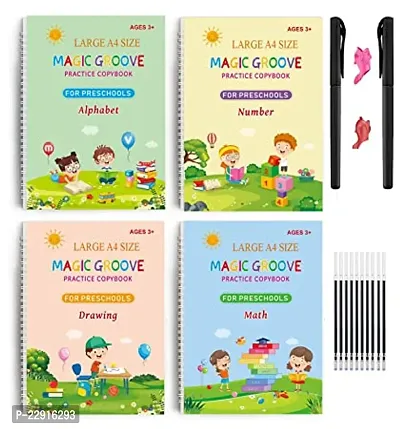 Magic Practice Copybook, (4 BOOK + 10 REFILL+ 1 pen +1 grip) Number Tracing, sank magic practice copy book for kids for Preschoolers with Pen, magic reusable Writing Tool Simple Hand Lettering-thumb0
