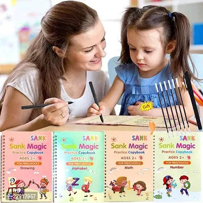 Sank Magic Practice Copybook, (4 BOOK + 10 REFILL+ 1 Pen +1 Grip) Number Tracing Book for Preschoolers with Pen, Magic Calligraphy Copybook Set Practical Reusable Writing Tool Simple Hand Lettering