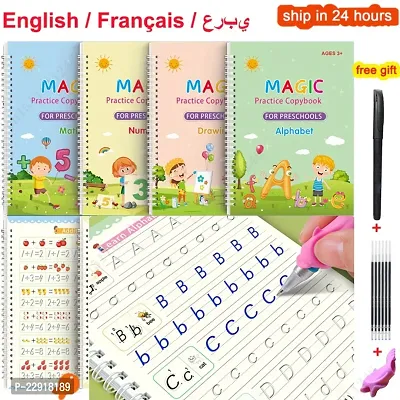 Sank Magic Practice Copybook, (4 BOOK + 10 REFILL+ 1 Pen +1 Grip) Number Tracing Book for Preschoolers with Pen, Magic Calligraphy Copybook Set Practical Reusable Writing Tool Simple Hand Lettering-thumb0