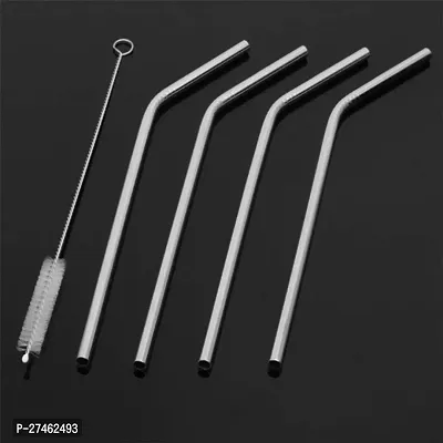 Sizzling  Reusable BPA-Free Stainless Steel Metal, Thick, Long, Dishwasher Safe Stainless Steel Drinking Straws, 8.5 Inches Pack of 5 Pieces (2 Bend and 2 Straight and 1 Cleaning Brushes)-thumb2