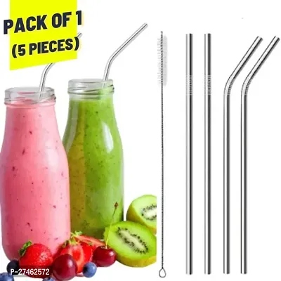 Sizzling  Reusable BPA-Free Stainless Steel Metal, Thick, Long, Dishwasher Safe Stainless Steel Drinking Straws, 8.5 Inches Pack of 5 Pieces (2 Bend and 2 Straight and 1 Cleaning Brushes)-thumb3